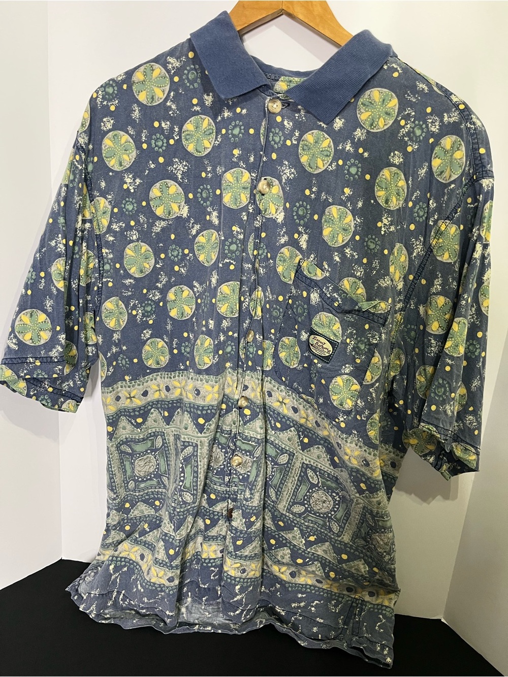 Tommy Bahama Blue Polo with Yellow Circular Print